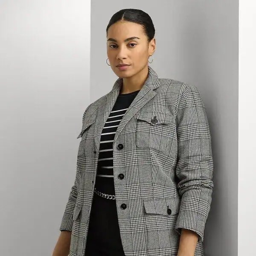 NWT Lauren Ralph Lauren Glen Plaid Tweed Blazer Black White Silk Linen Jacket 12